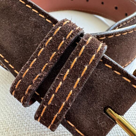 J. Hilburn Men's Brown Suede Orange Contrast Stitch Brass Buckle Belt Size 34 - Picture 8 of 10